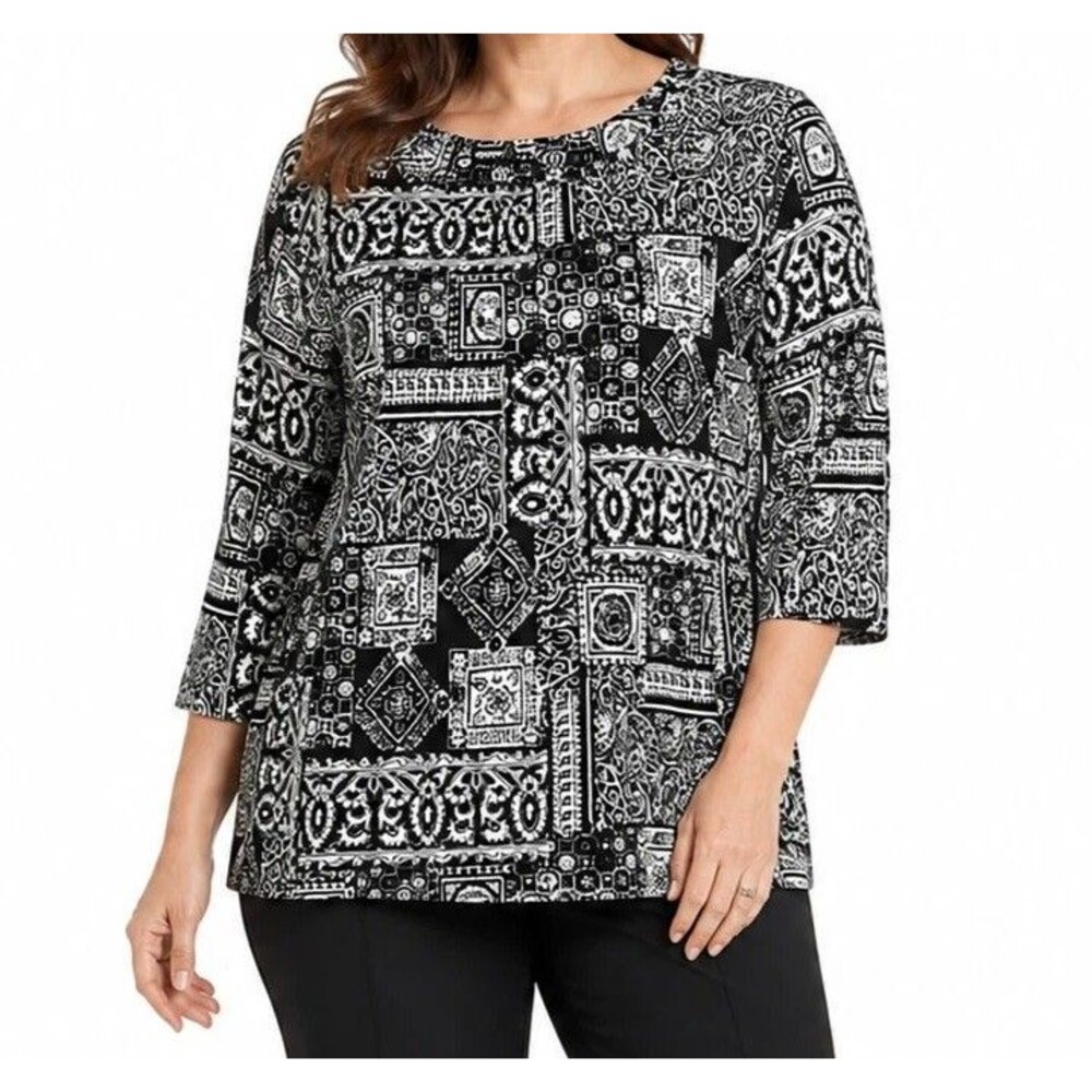 Chaps Ralph Lauren Womens Blouse XL Paisley Patchwork Boho Stretch 3/4 Sleeve